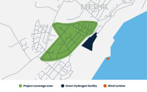 "A map showing the communities of Buckhaven and Methil. An area of Buckhaven is green to indicate the project coverage area. An adjacent site is in blue to indicate the location of the green hydrogen facility. The project's offshore wind turbine is indicated with an orange circle."