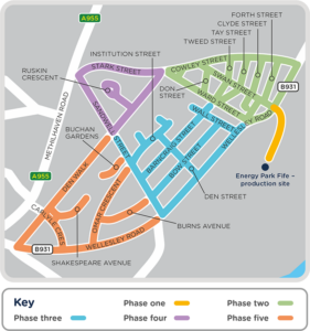 Map showing the 5 phases of work for the H100 Fife hydrogen network