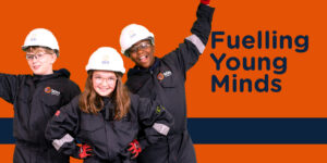 Three young people wearing PPE - caption reads 'Fueling Young Minds'